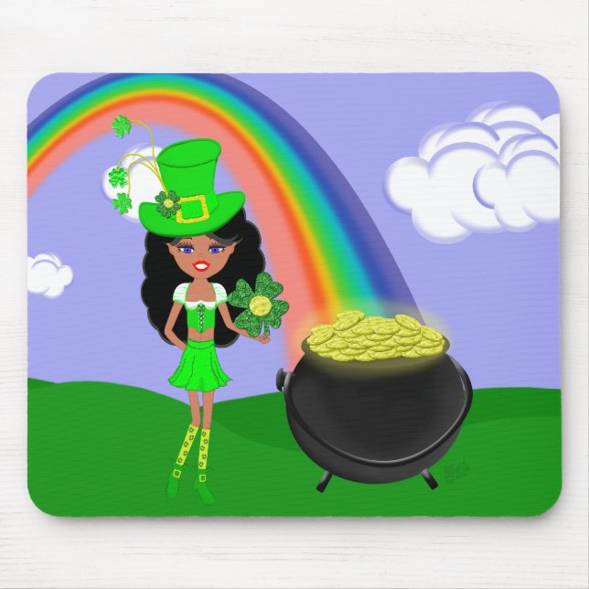 Mousepad Brunette Girl Leprechaun do dia de Pat da rua com  (Frente)