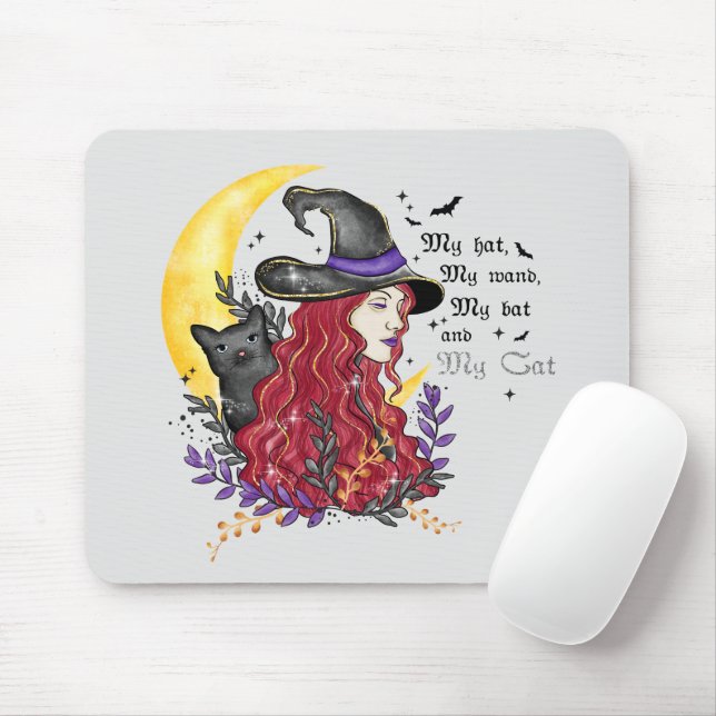 Mousepad Bruxa com Gato Negro e Lua Crescente (Com mouse)