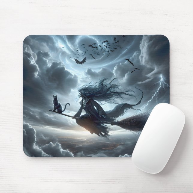 Mousepad Bruxa de Halloween e Gato num Cabo de Vassoura (Com mouse)