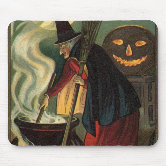 Mousepad Bruxa de Halloween Vintage Mexendo Caldeirão Mágic (Frente)