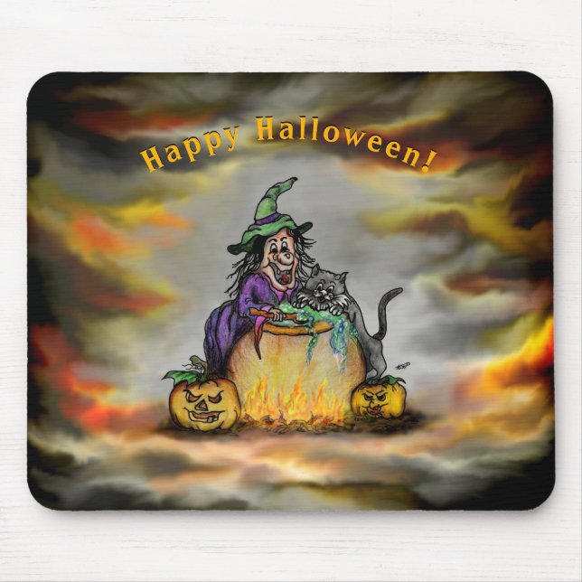 Mousepad Bruxa e Gato Negro, Feliz Halloween! (Frente)
