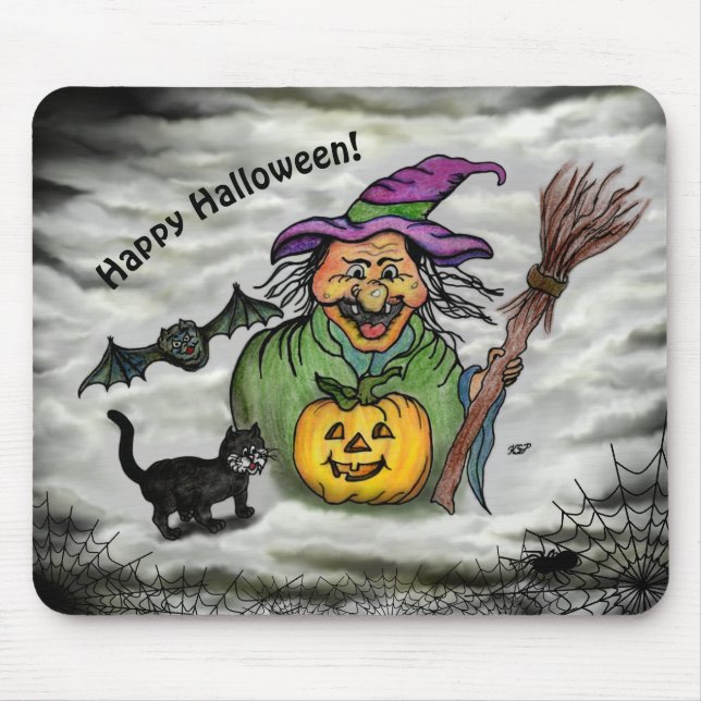 Mousepad Bruxa, Gato, Bat e Pumpkin, Feliz Halloween! (Frente)