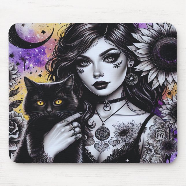 Mousepad Bruxa Gótica Celestial e Gato Negro (Frente)