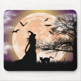 Mousepad Bruxa Mística, Gato Negro, Lua Cheia