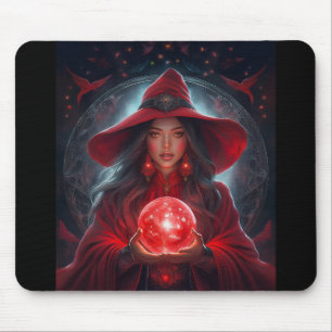 Mousepad Bruxa Vermelha Com Bola De Cristal E Fundo Incríve