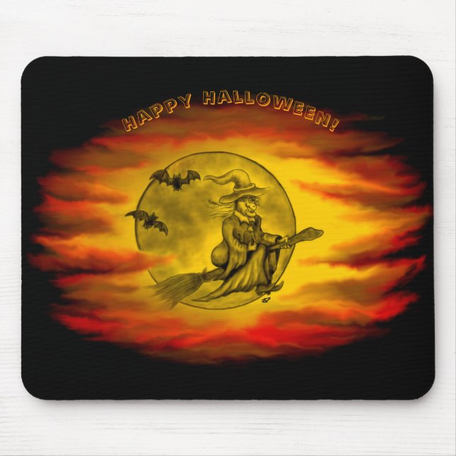 Mousepad bruxa voadora com gato preto, noite de halloween (Frente)