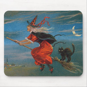 Mousepad Bruxa Voando com Gato Preto na Noite de Halloween