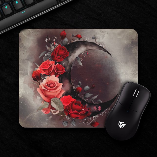 Mousepad Bruxaria | Moon Crescente com Rosas vermelhas Góti (Criador carregado)