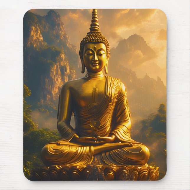 Mousepad Buda Sentado Dourado Sob um Céu de Pôr do Sol (Frente)