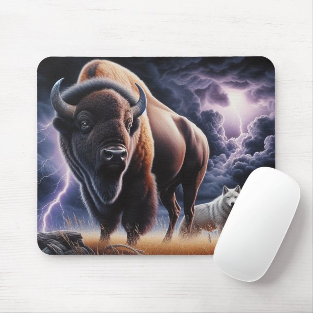 Mousepad Búfalo e Lobo em uma Tempestade com Relâmpagos (Com mouse)