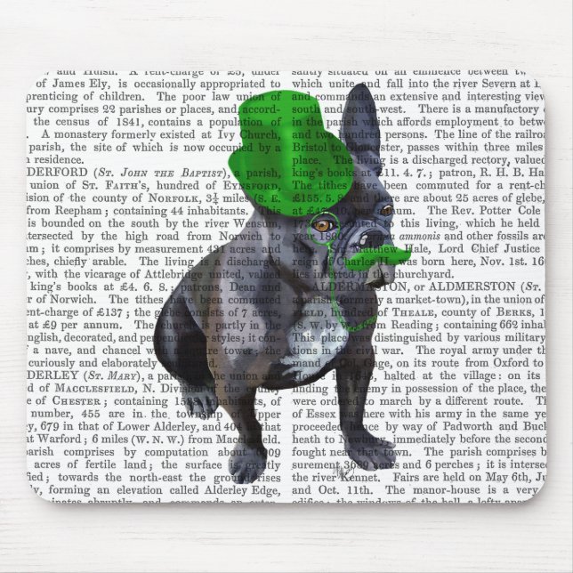 Mousepad Buldogue francês com chapéu verde e bigode (Frente)