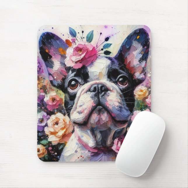 Mousepad Buldogue francês com pintura impressionista Rosa (Com mouse)