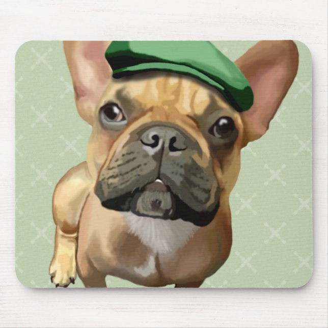 Mousepad Buldogue francês marrom com chapéu verde (Frente)