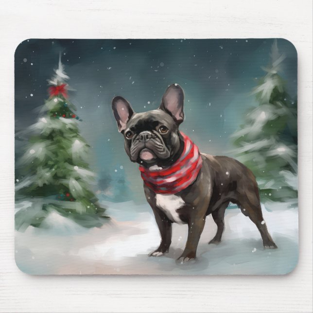 Mousepad Buldogue francês no Natal da neve (Frente)