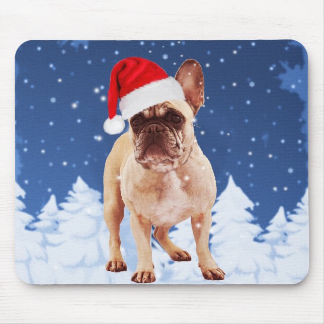 Mousepad Buldogue francês no Natal da neve com o Papai Noel (Frente)