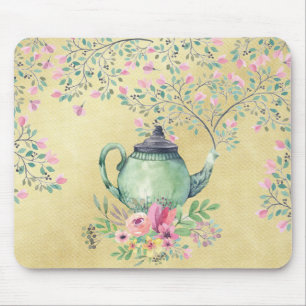 Mousepad Bule elegante e flores da aguarela Dourados