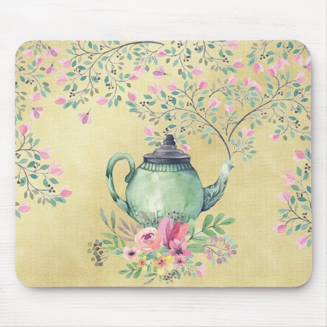 Mousepad Bule elegante e flores da aguarela Dourados (Frente)