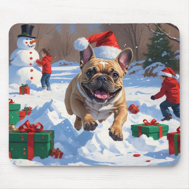 Mousepad Bulldog Francês Correndo na Neve com Chapéu de Nat (Frente)