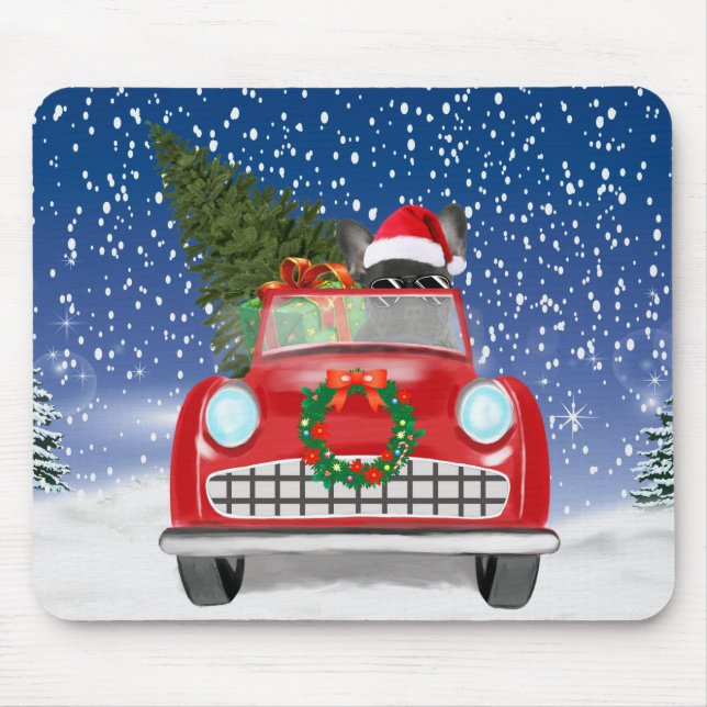Mousepad Bulldog Francês Dirigindo Carro Na Neve Natal  (Frente)