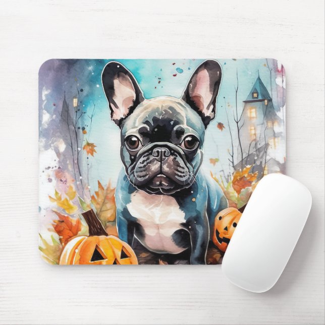 Mousepad Bulldog Francês Halloween Com Pumpkins Assustado (Com mouse)