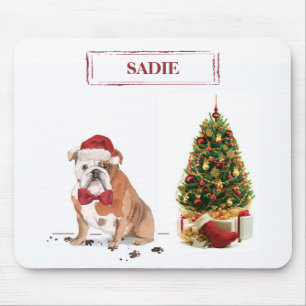 Mousepad Bulldog Inglês Cachorro Natal Divertido com Árvore