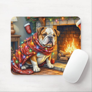 Mousepad Bulldog Sentado ao Lado da Lareira com Luzes de Na