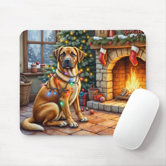 Mousepad Bullmastiff Lareira com Luzes de Natal (Com mouse)