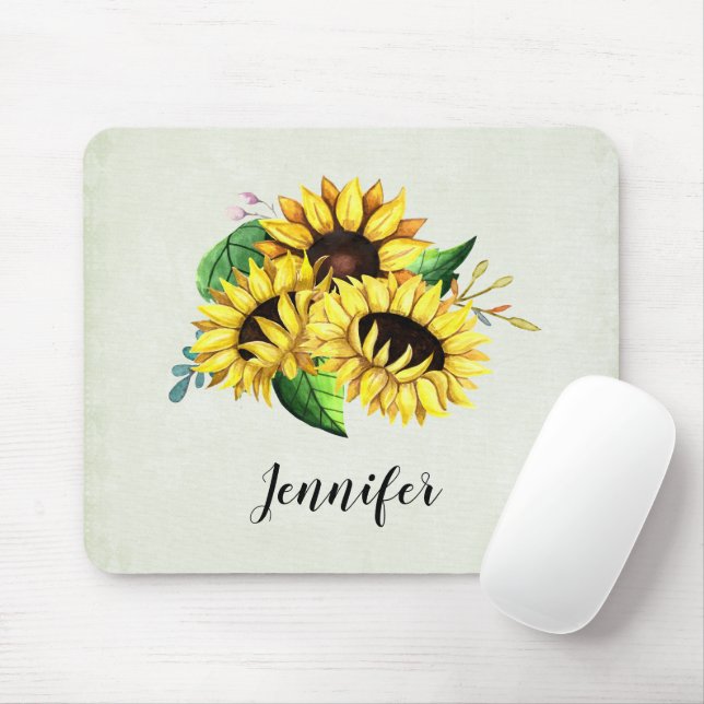 Mousepad Buquê Amarelo de Girassol em Aquarela (Com mouse)