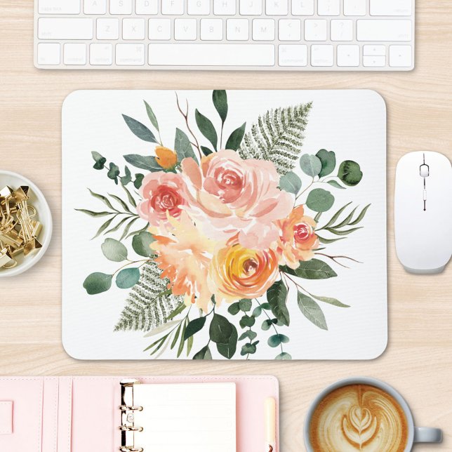 Mousepad Buquê de Flores Rosa Água-marinha Outono  (In situ office desk)