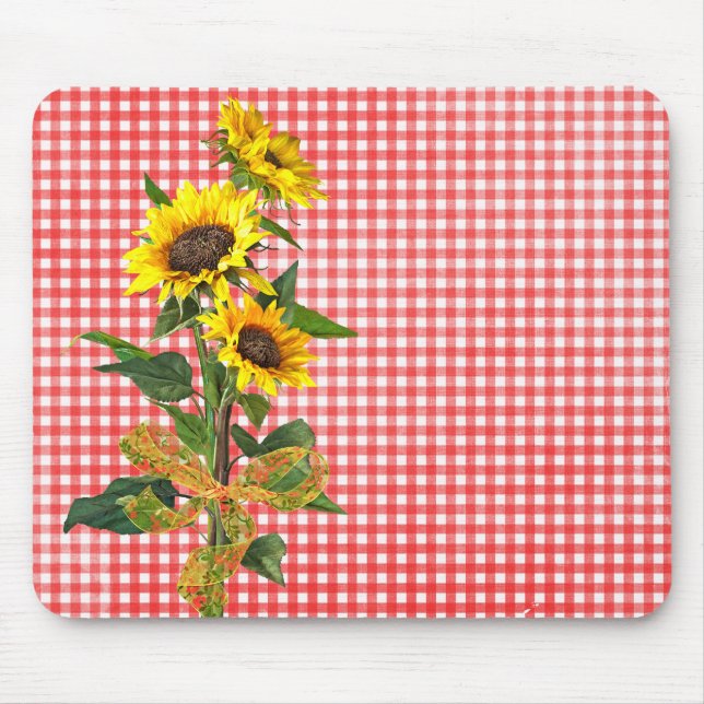 Mousepad Buquê de girassol em Red Gingham (Frente)