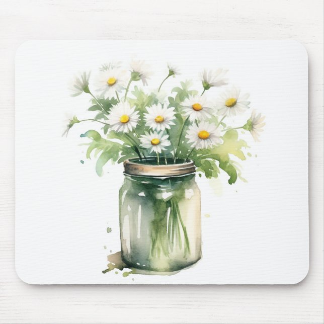 Mousepad Buquê de Margarida em Aquarela em Pote de Pedra (Frente)