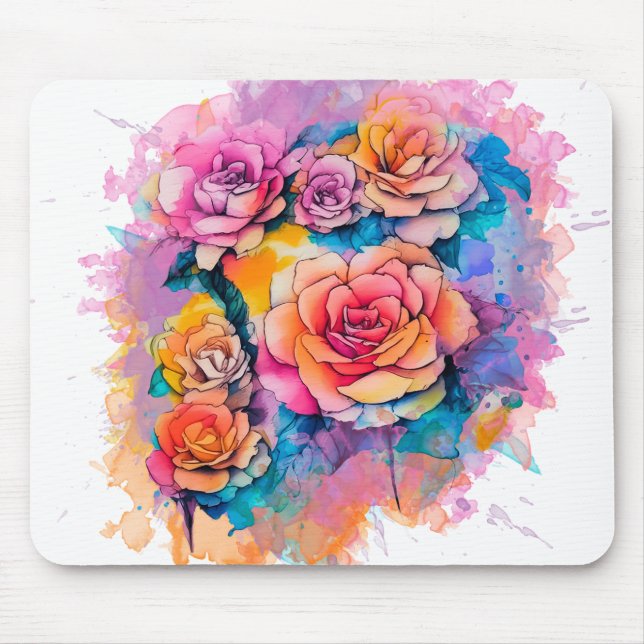 Mousepad Buquê de Rosas com Pingos de Tinta em Aquarela Mod (Frente)
