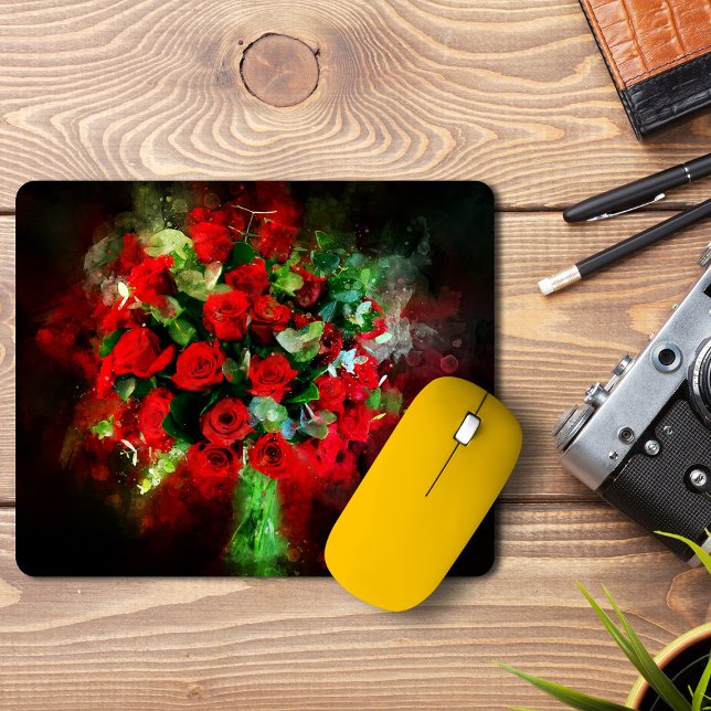 Mousepad Buquê de Rosas Vermelhas Aquarela em Fundo Preto (Red Roses Bouquet Watercolor on Black Background. Mouse Pad)