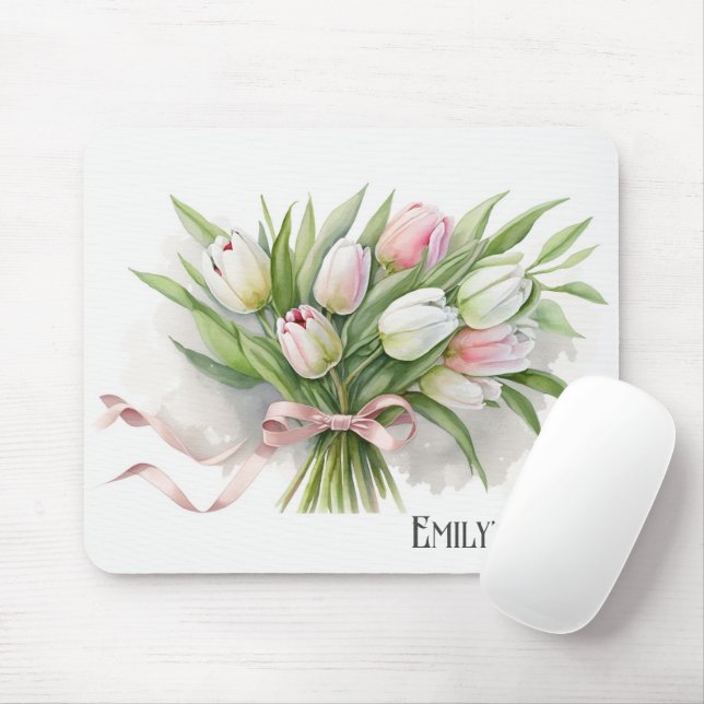 Mousepad Buquê de Tulipas Cor-de-Rosa e Branco (Com mouse)