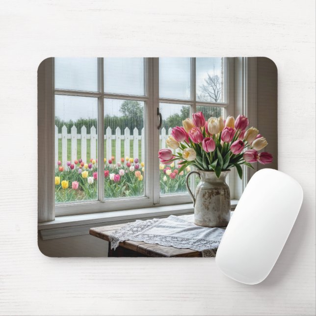 Mousepad Buquê de Tulipas da Primavera pela Janela Chuvosa (Com mouse)