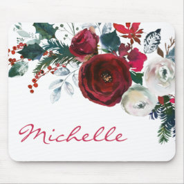 Mousepad Buquê Floral Rosa de Pinheiros de Inverno Burgundy