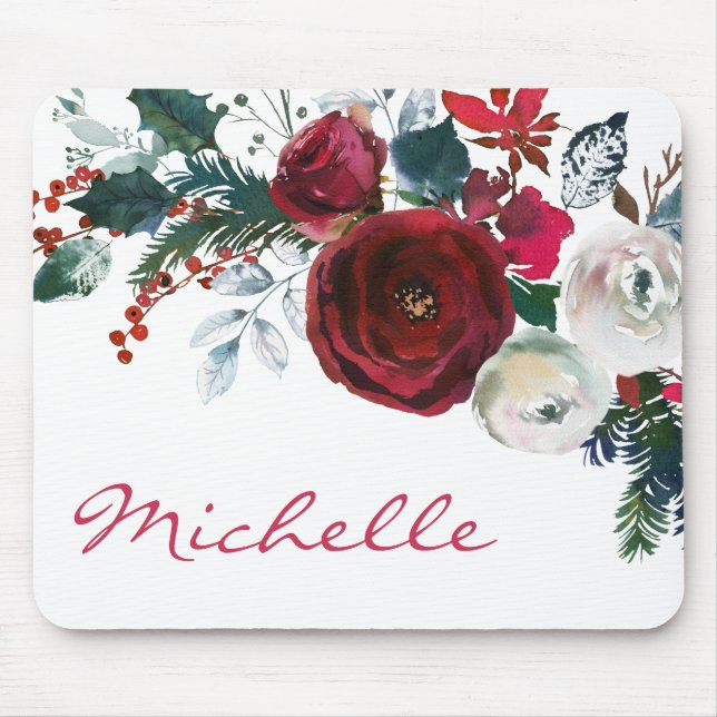 Mousepad Buquê Floral Rosa de Pinheiros de Inverno Burgundy (Frente)