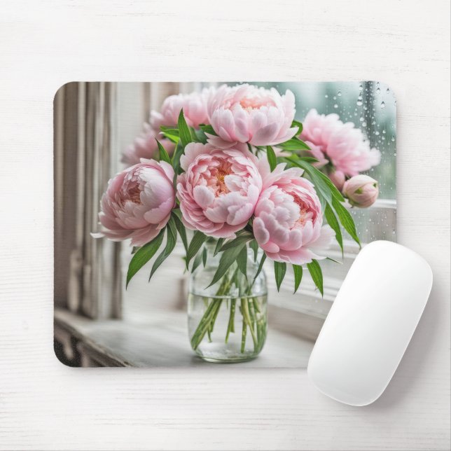 Mousepad Buquê rosa de pedônia por uma janela chuvosa (Com mouse)