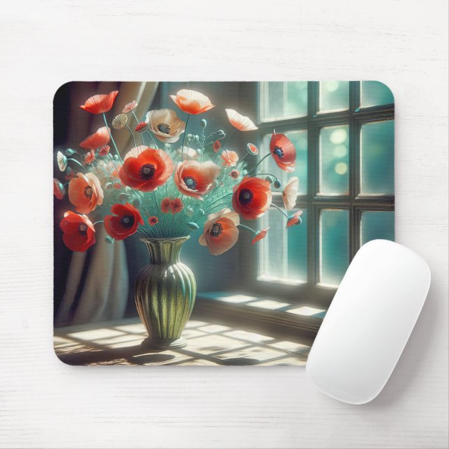 Mousepad Buquê vermelho-popular na janela ensolarada (Com mouse)