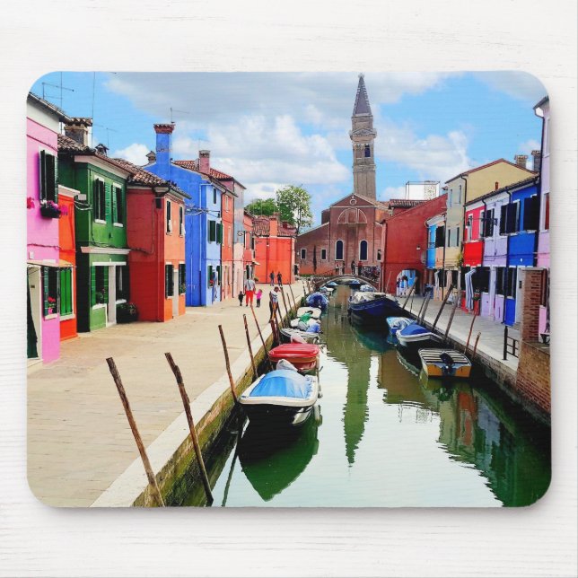 Mousepad Burano, Itália Colorida Houses e Canal de Barcos (Frente)