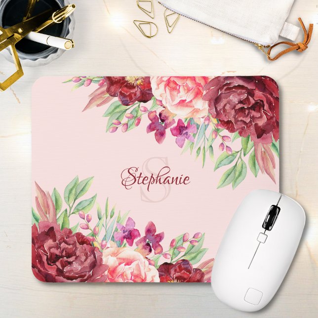 Mousepad Burgundy Blush Floral Monograma (Criador carregado)
