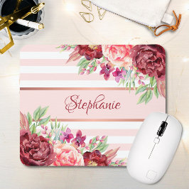 Mousepad Burgundy Blush Floral Stripes Monogram Name
