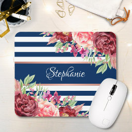 Mousepad Burgundy Floral Marinho Strips Nome do Monograma