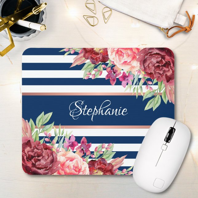 Mousepad Burgundy Floral Marinho Strips Nome do Monograma (Criador carregado)