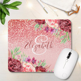 Mousepad Burgundy Floral Rosa Dourado Glitter Personalizado