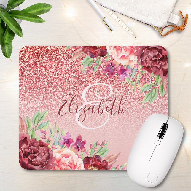 Mousepad Burgundy Floral Rosa Dourado Glitter Personalizado (Criador carregado)