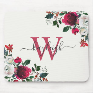 Mousepad Burgundy White Watercolor Floral Name Monogrammed