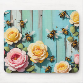 Mousepad Busy Bees with Pink and Yellow Roses on Old Fence