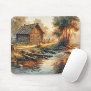 Mousepad Cabana de madeira em aquarela na névoa da manhã
