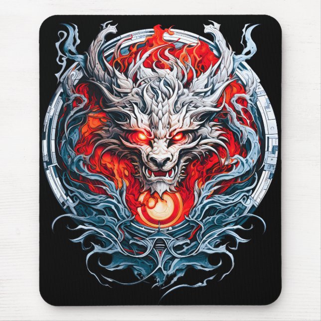 Mousepad Cabeça de Dragão Mítico com Chama Vermelha de Fogo (Frente)